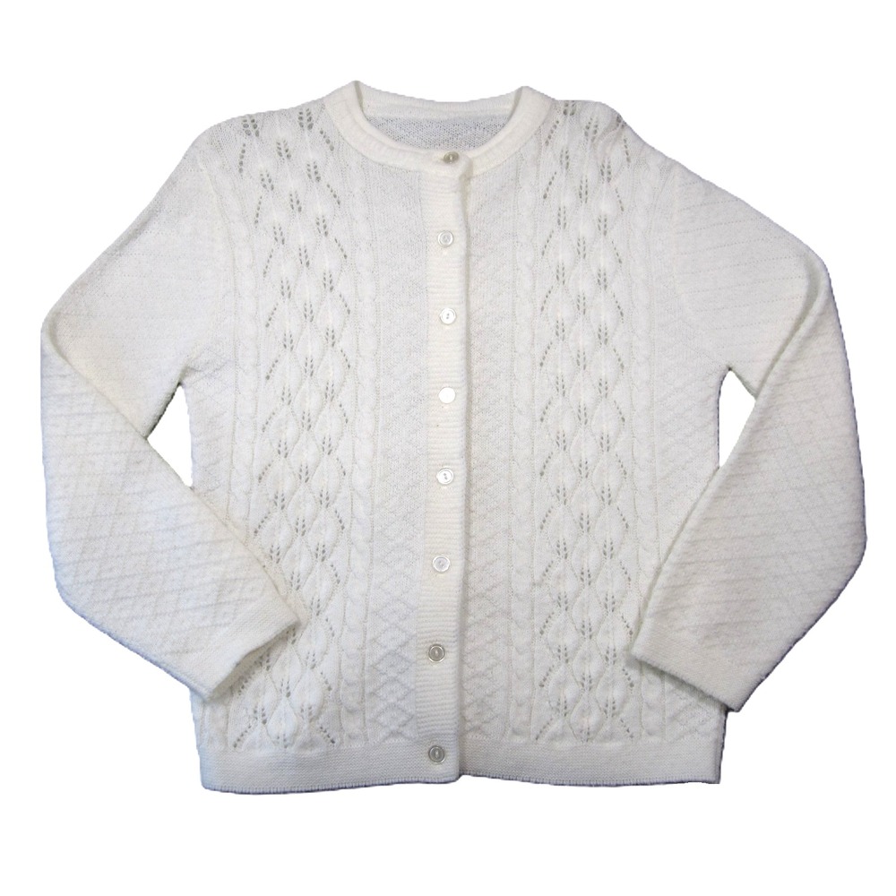 Cable‎ Knit Button Up Grandma Cardigan M White Crewneck Cottagecore Country Cozy